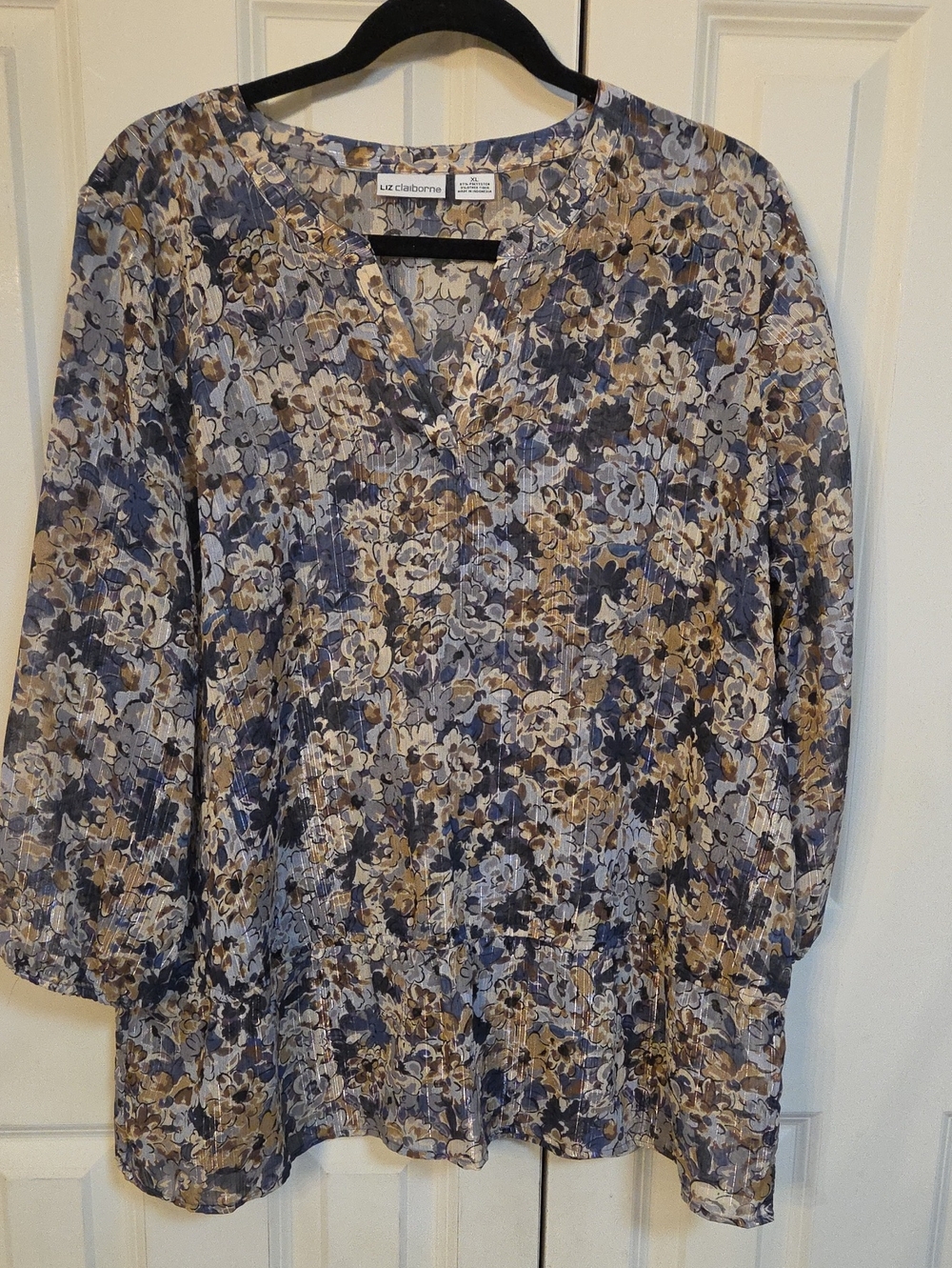 Liz Claiborne Blue and Tan Floral V-Neck Blouse